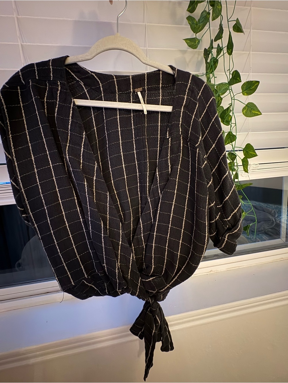 Free People Black Windowpane Tie-Front Crop Top